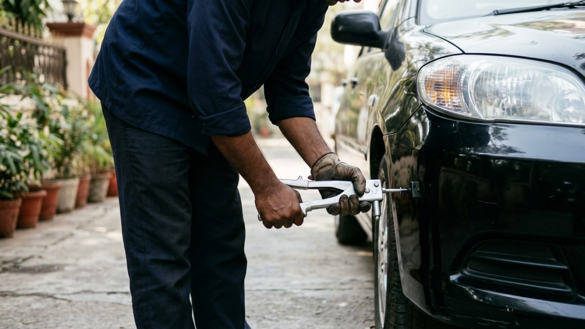 Automotive service technician assembling vehicle plate hardware with specialized tools in India