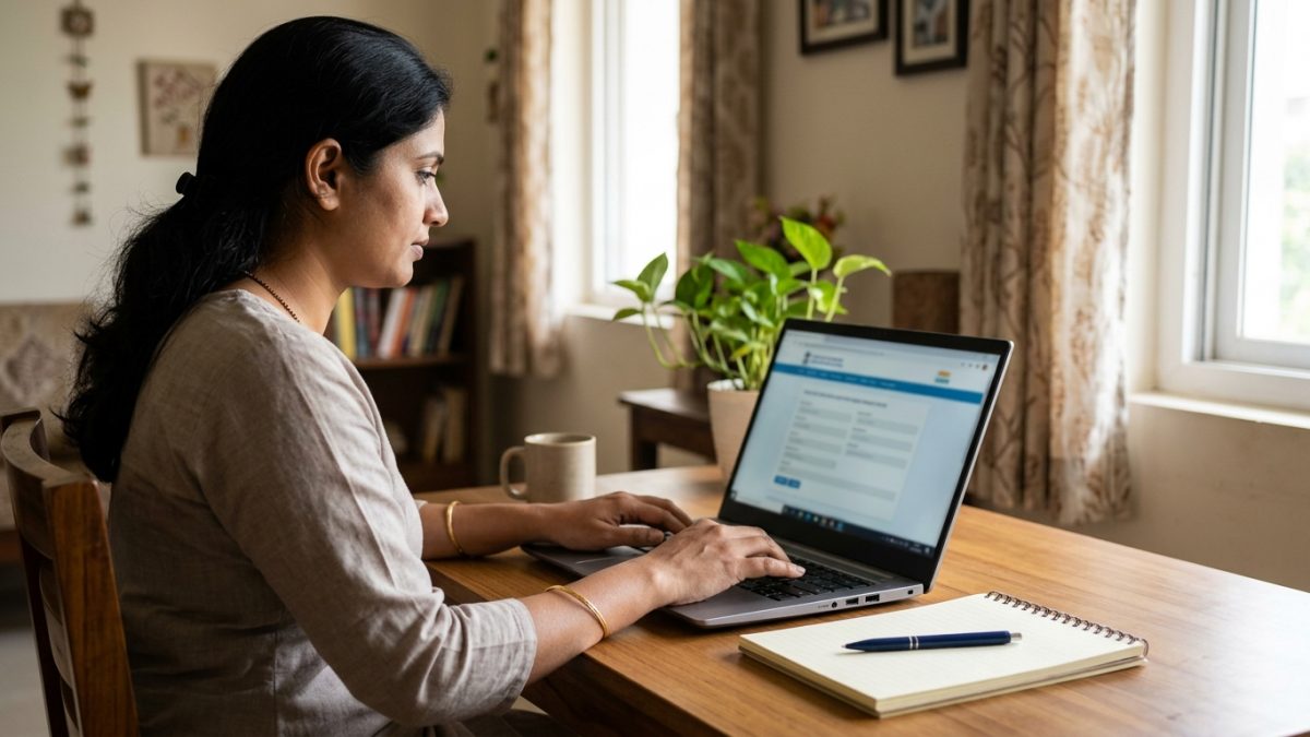 Laptop displaying online Parivahan vehicle services portal for hypothecation termination