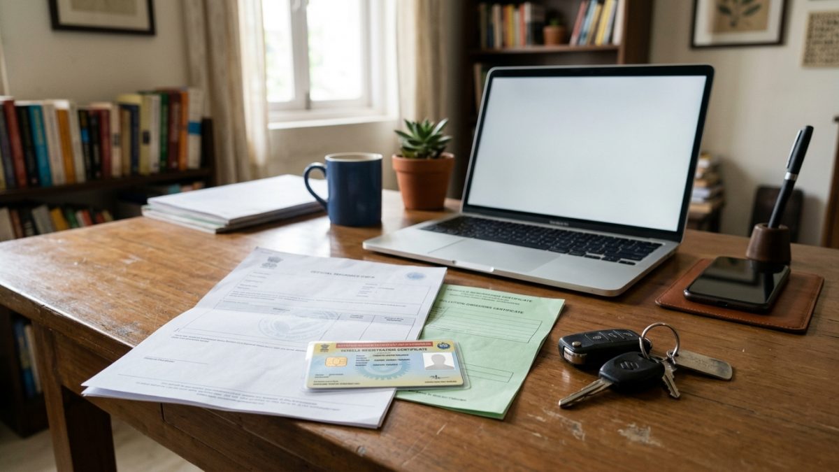 Checking vehicle loan paperwork, RC card, and insurance documents on a desk
