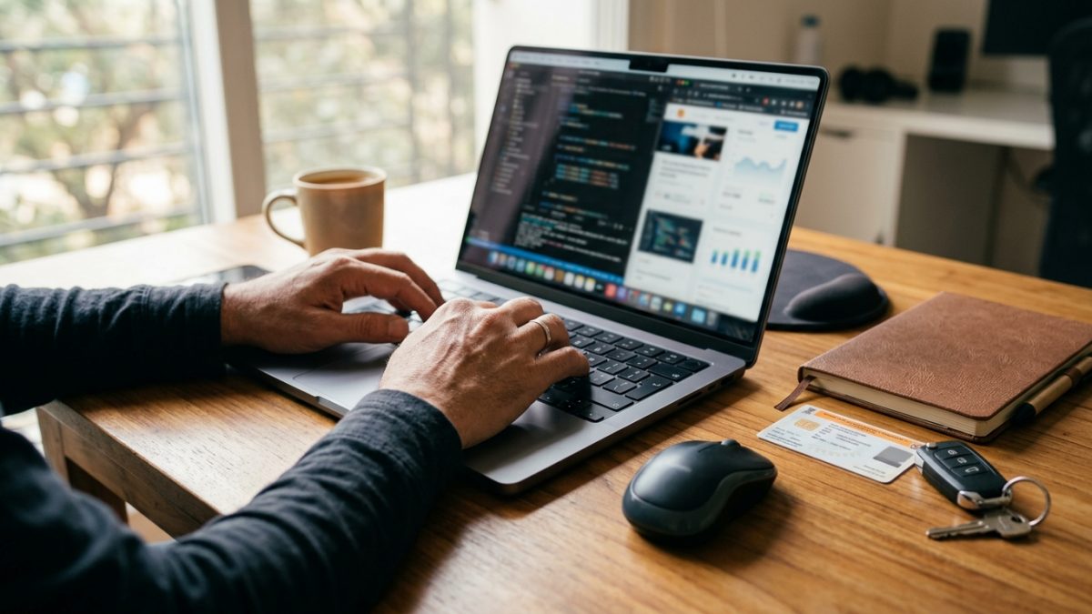 Using a laptop to complete online transport portal vehicle services