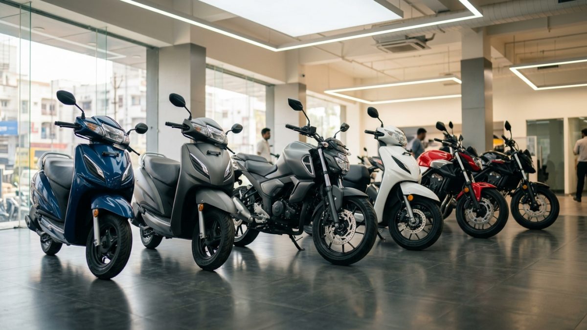 Row of brand-new modern motorcycles parked in an authorized showroom