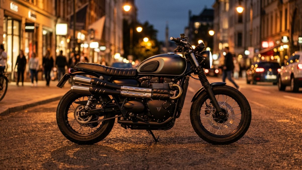 Middleweight modern classic roadster motorcycle parked under street lights