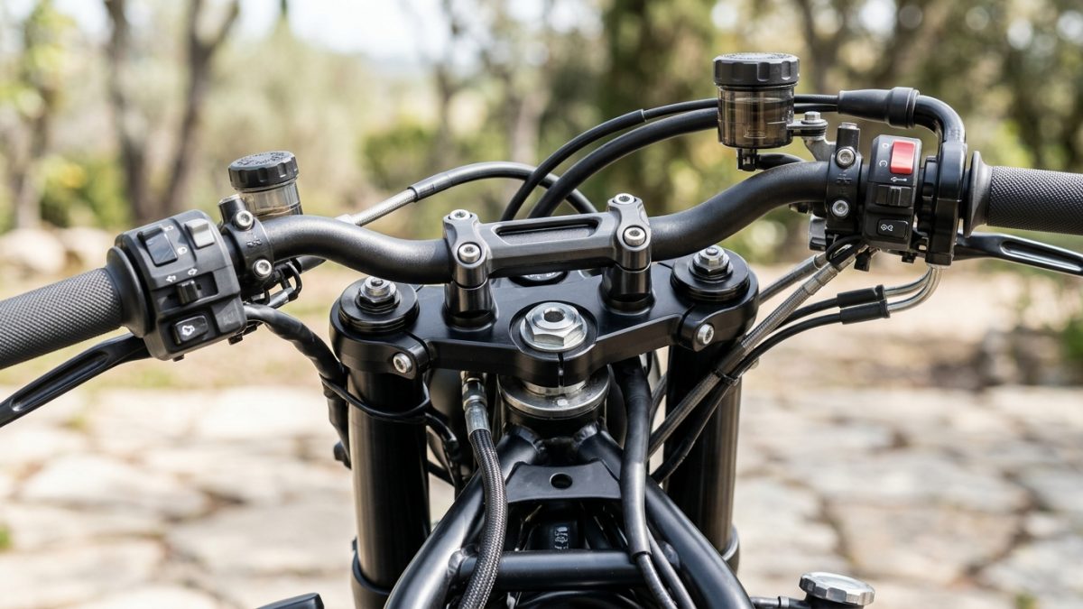 Close-up of motorcycle steering column showing stamped chassis number during inspection