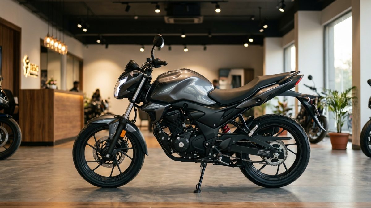 Modern 125cc and 160cc naked streetfighter motorcycles parked in an Indian showroom