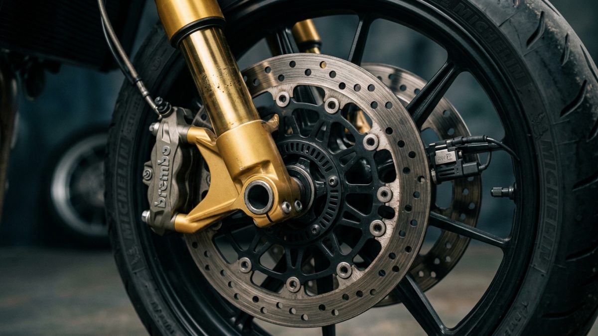 Front disc brake assembly and inverted front suspension of a modern performance bike