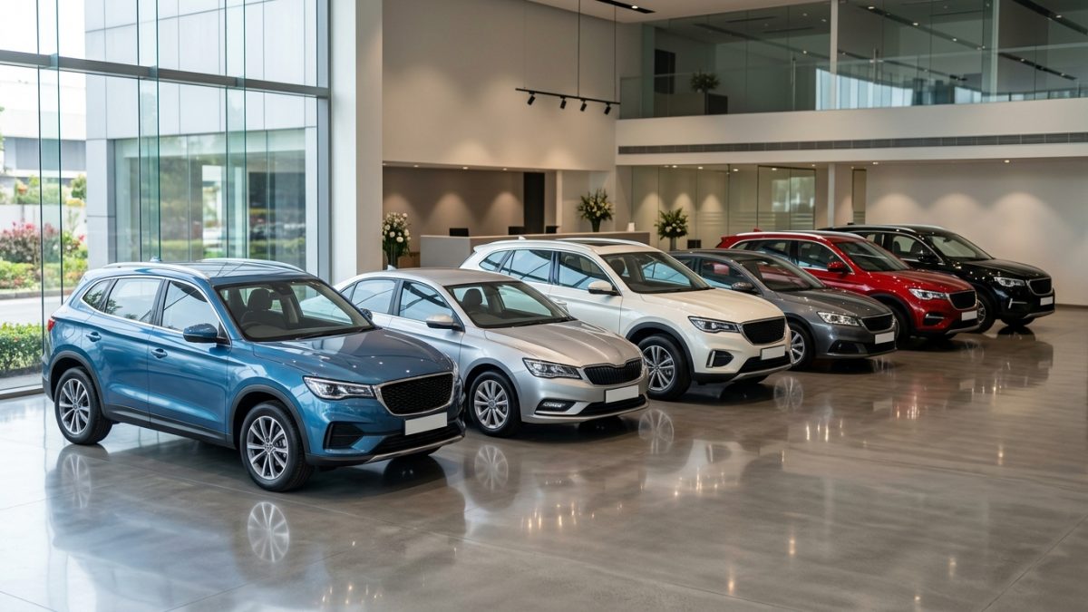 Row of newly launched passenger cars on display at a dealership showroom