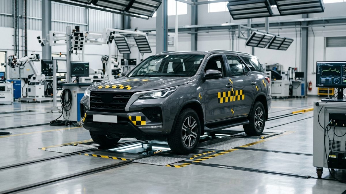 Modern SUV undergoing safety inspection inside an automotive test laboratory