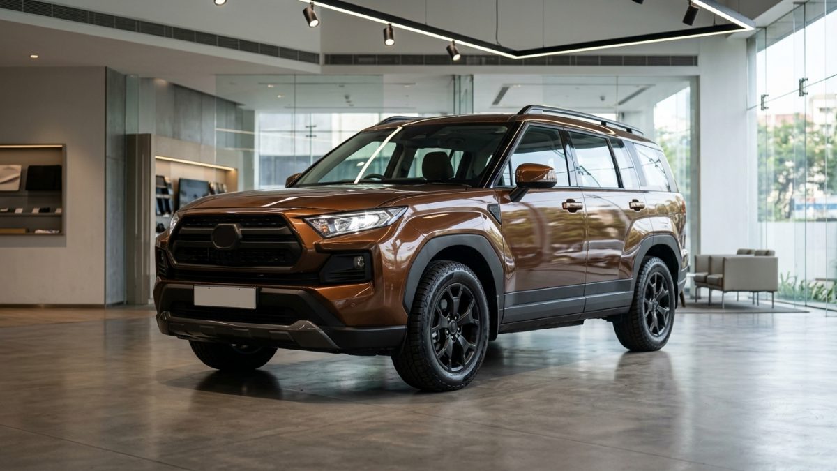Front view of an upcoming rugged 4x4 SUV displayed on a revolving studio platform