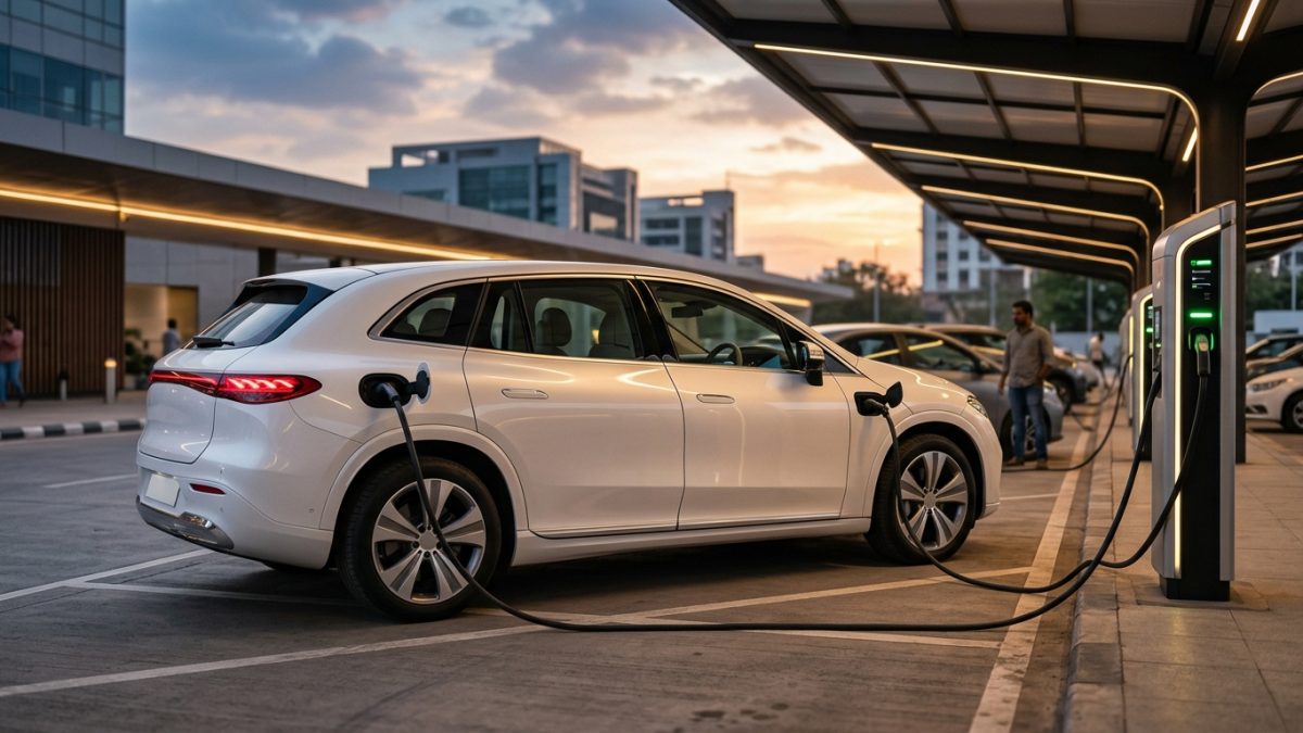 Modern 3-row electric family SUV connected to an electric vehicle charging station