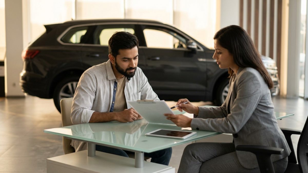 Car buyer reviewing vehicle booking and registration papers in a car showroom