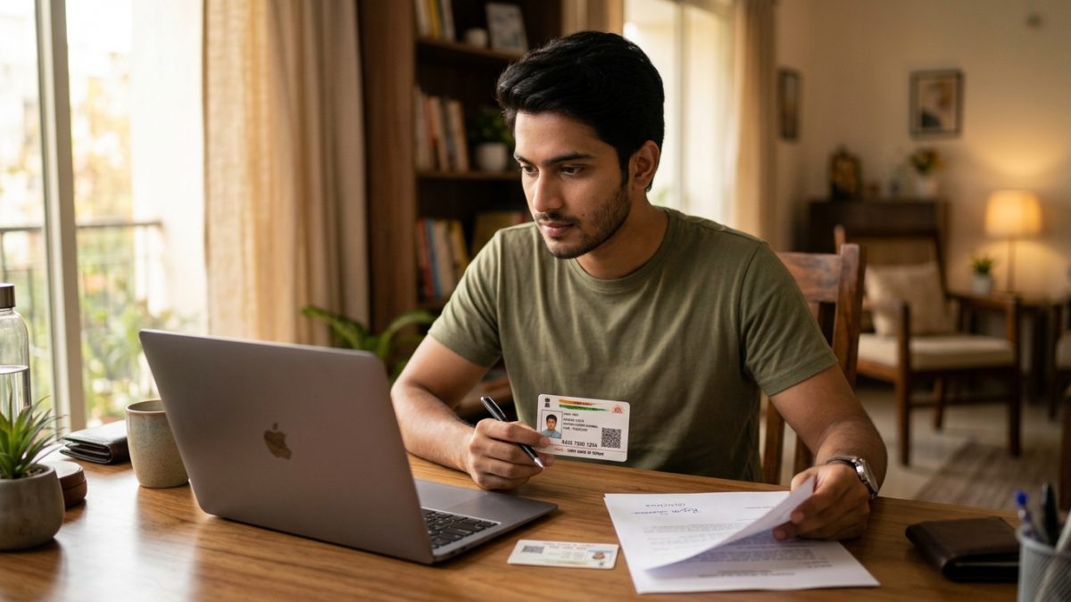 Indian citizen scanning documents on a home computer for learning licence application
