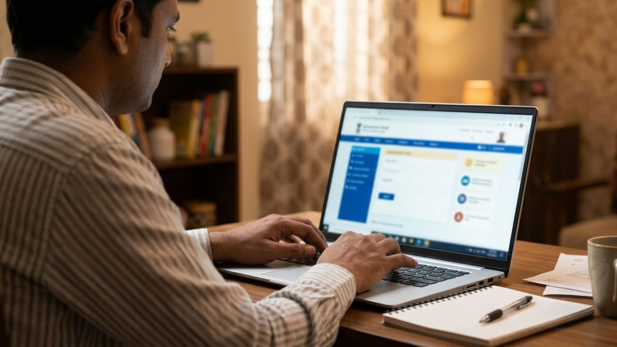 Indian citizen following step-by-step learning licence apply online portal on laptop