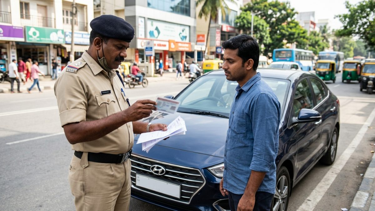 Indian traffic police officer verifying vehicle documents on a roadside check
