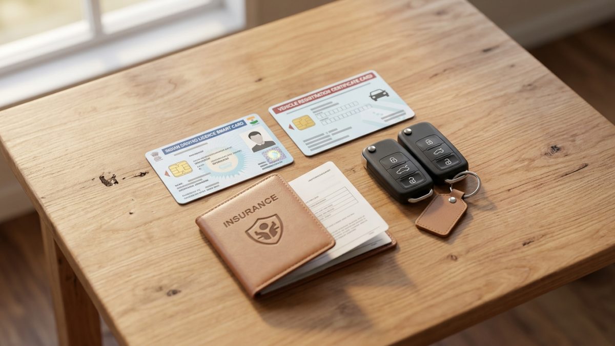 Neatly arranged vehicle documents driving licence and registration certificate on a desk