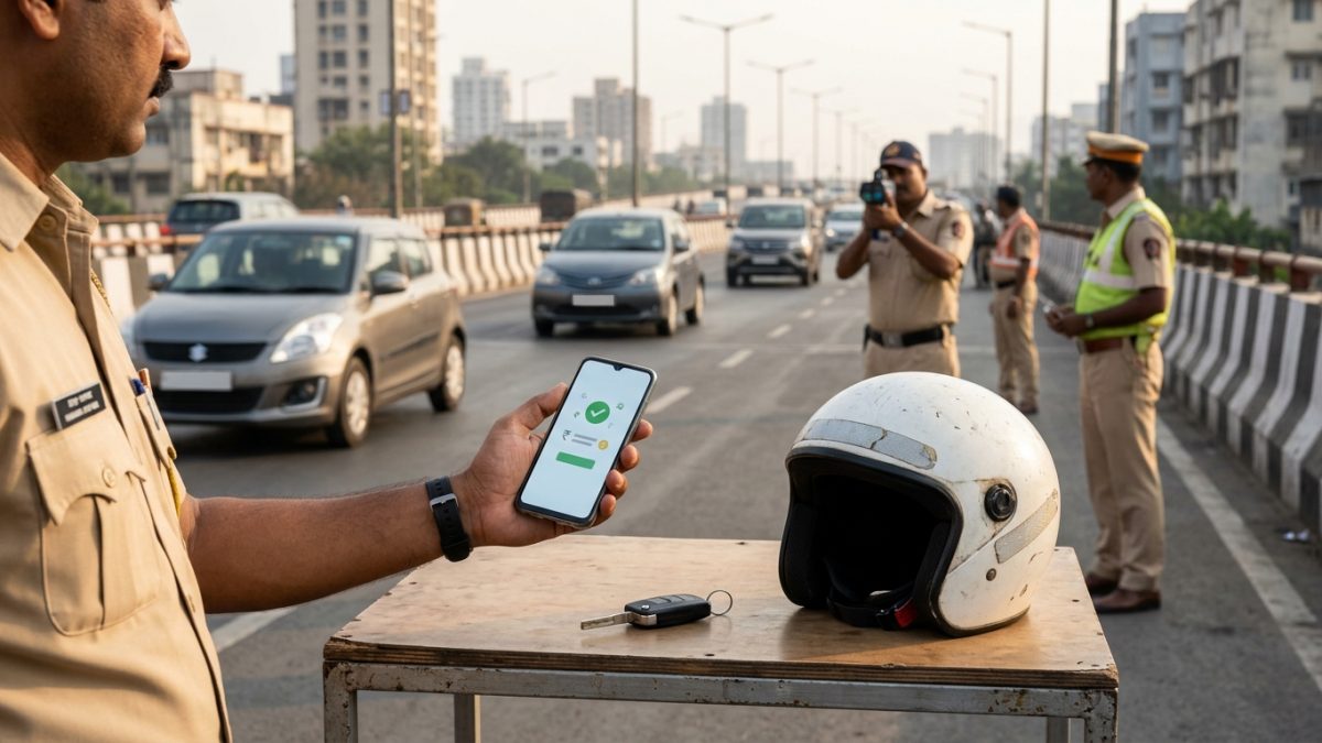 Traffic police interceptor monitoring vehicles on a city flyover for lok adalat challan violations