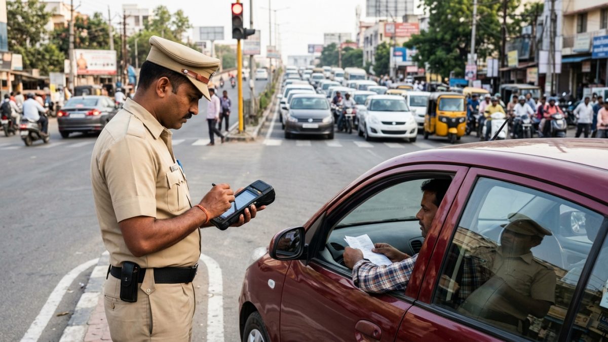 Traffic police officer checking driver documents in India for motor vehicle act fines