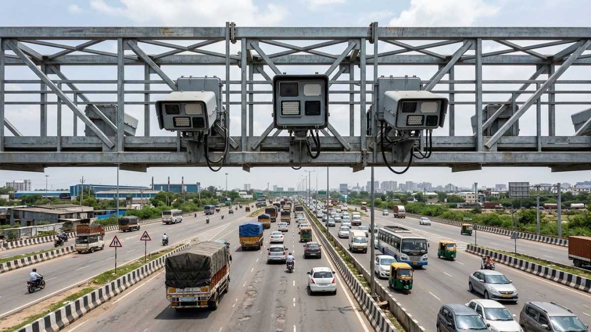Electronic traffic monitoring camera on Indian road capturing traffic violations