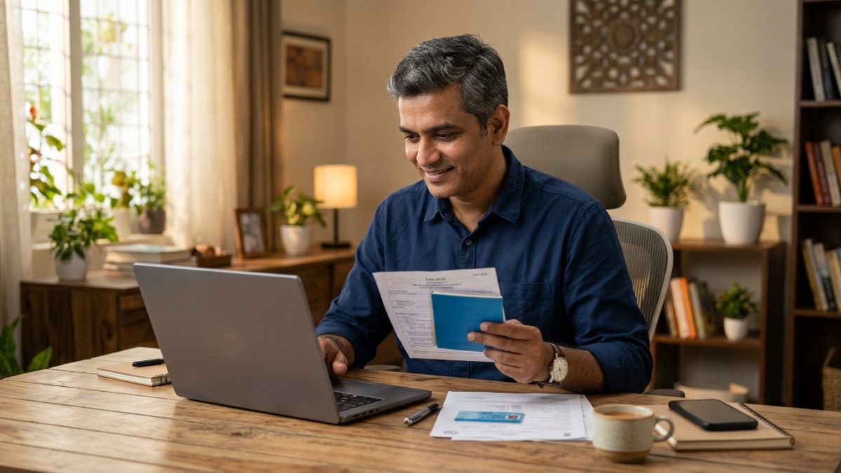 Vehicle owner reviewing registration papers beside a laptop at a home desk