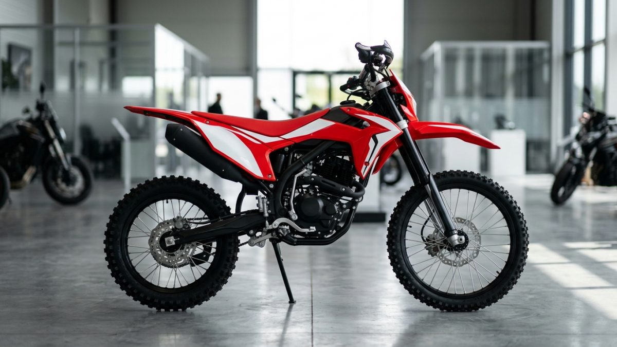 Side profile of a red and white dual-sport motorcycle for the new bike launch