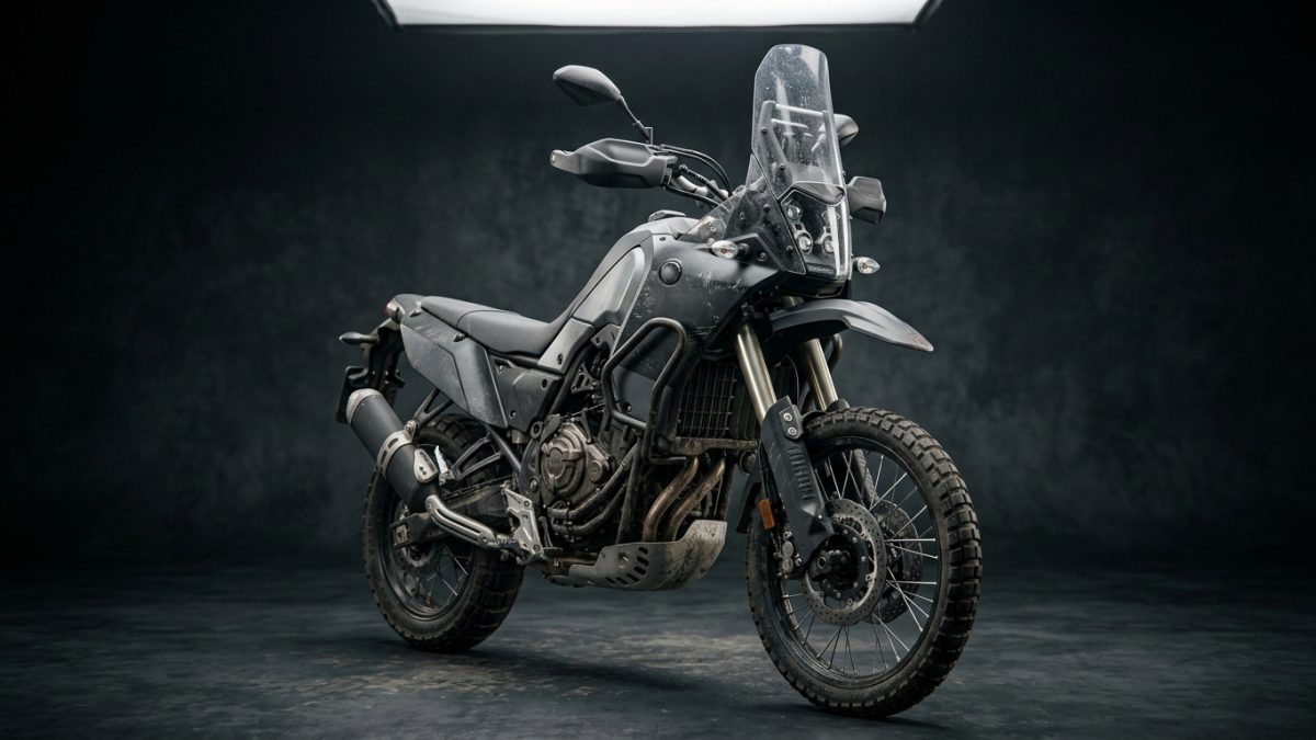 Rally spec adventure motorcycle with large windscreen and digital dashboard display