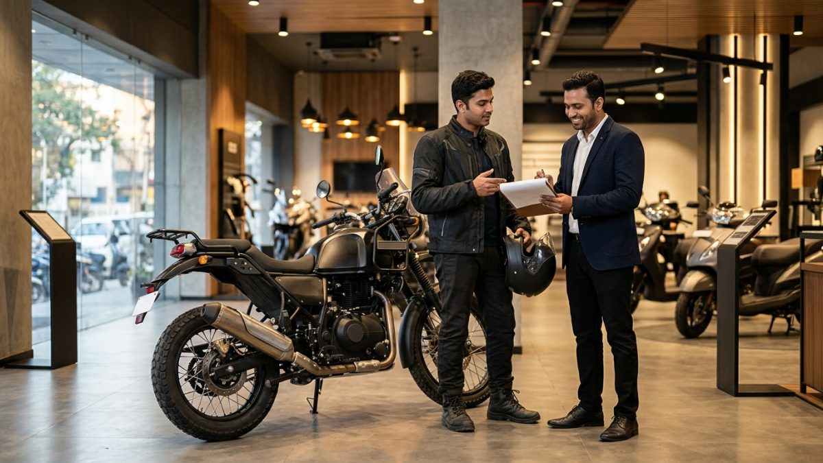 Motorcycle rider finalizing purchase details at a modern dealership counter