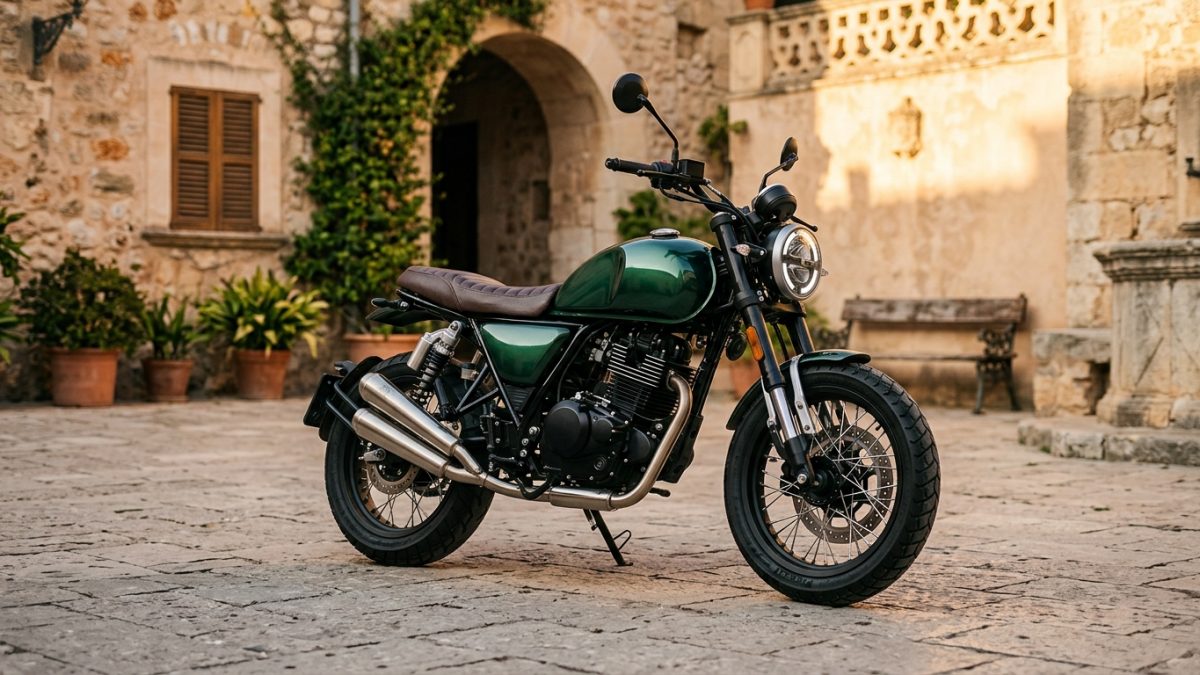 Neo-retro classic modern motorcycle with round headlight and chrome accents