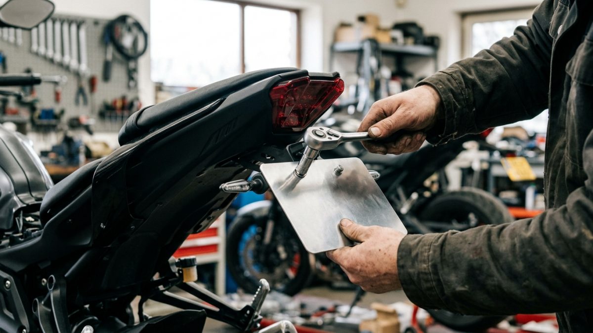 Motorcycle rear fender showing high security registration plate being fitted