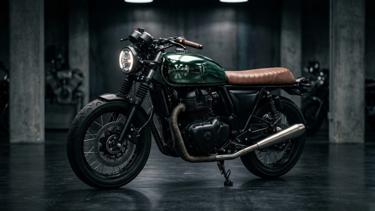 Modern neo-retro 350cc motorcycle parked on display indoors