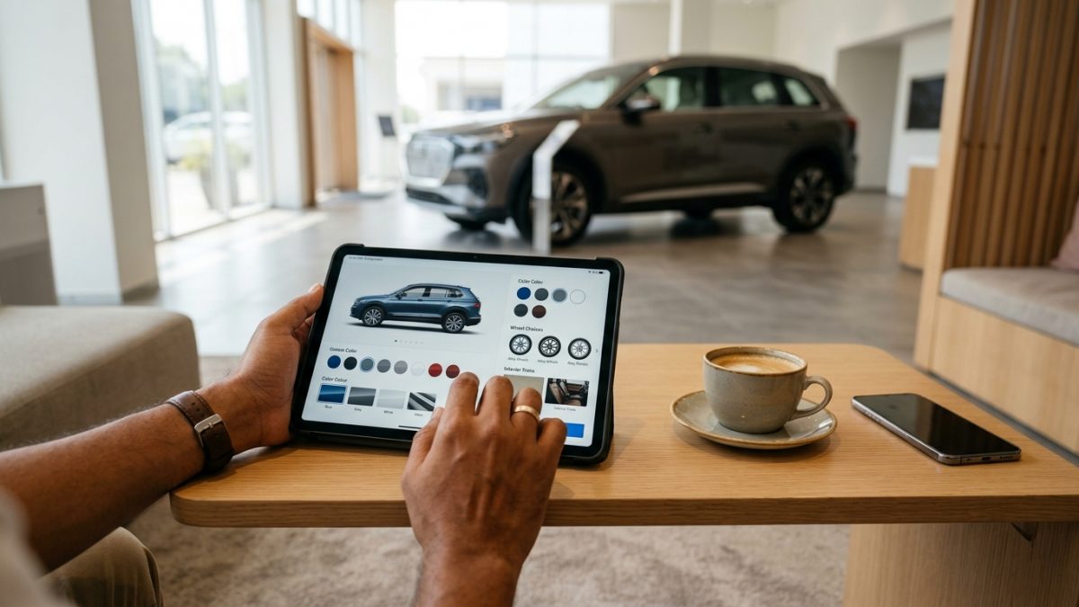 Customer completing digital vehicle booking process on a tablet at a clean dealership desk