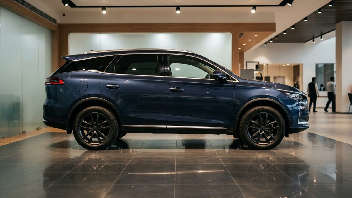 Modern midsize SUV on display inside an Indian automobile showroom