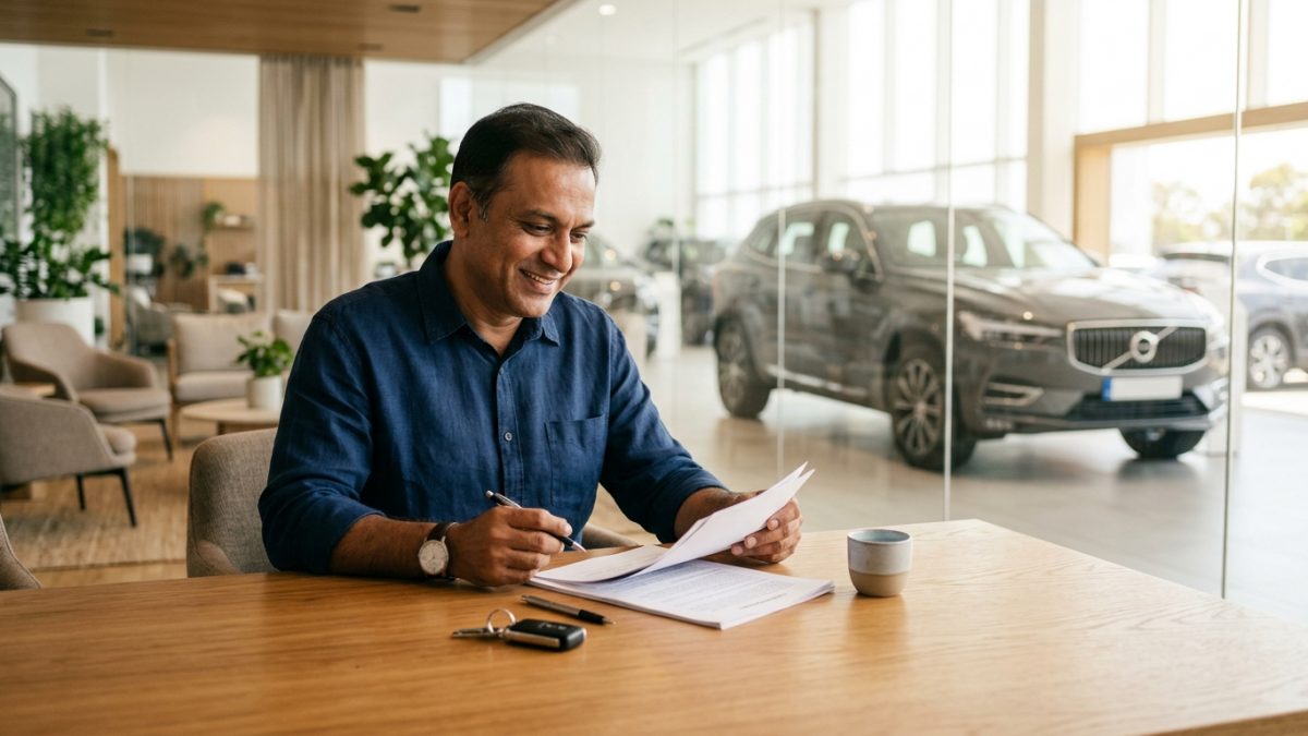 Car buyer reviewing paperwork at an authorized automobile dealership desk