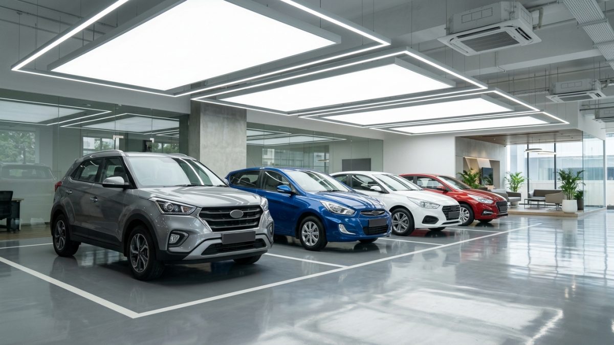 Row of brand new compact sedans and hatchbacks parked neatly inside a bright dealership bay