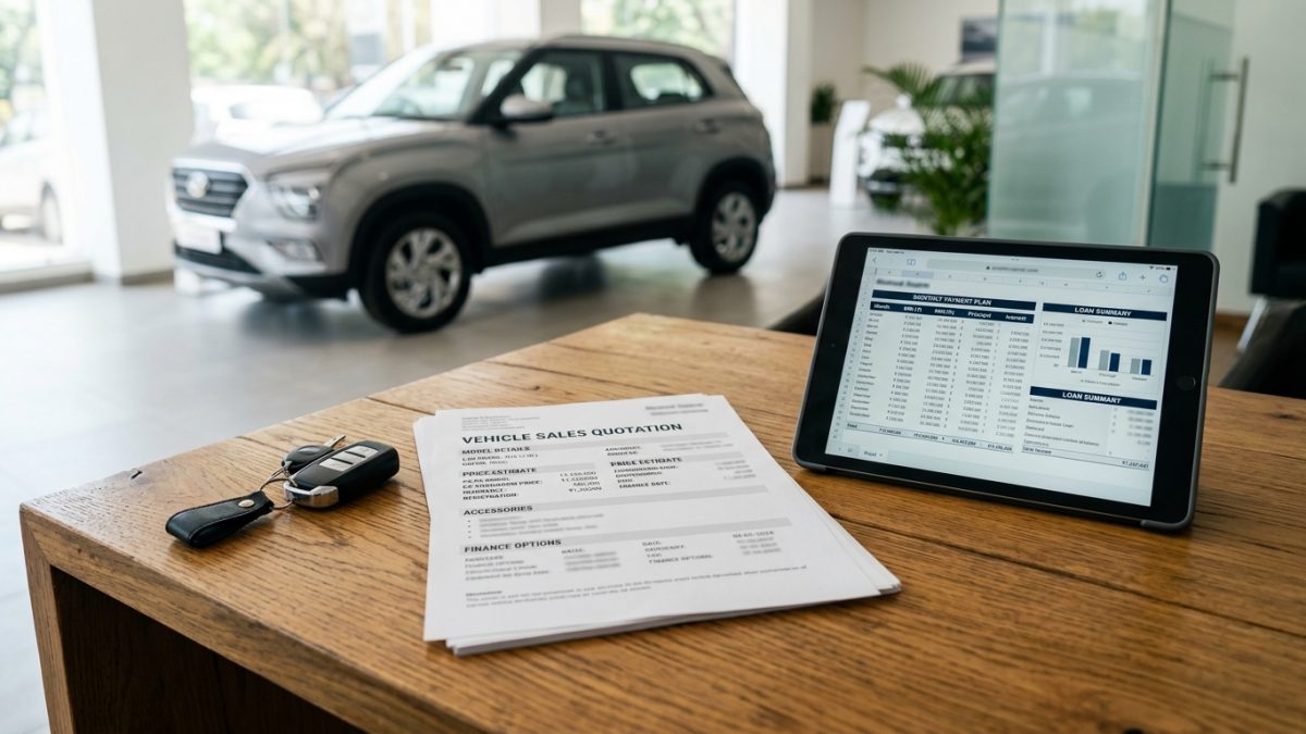 Automotive paperwork and keys on an office desk detailing vehicle registration costs