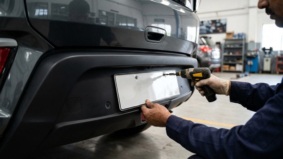 High security registration plate installation on a brand new car bumper