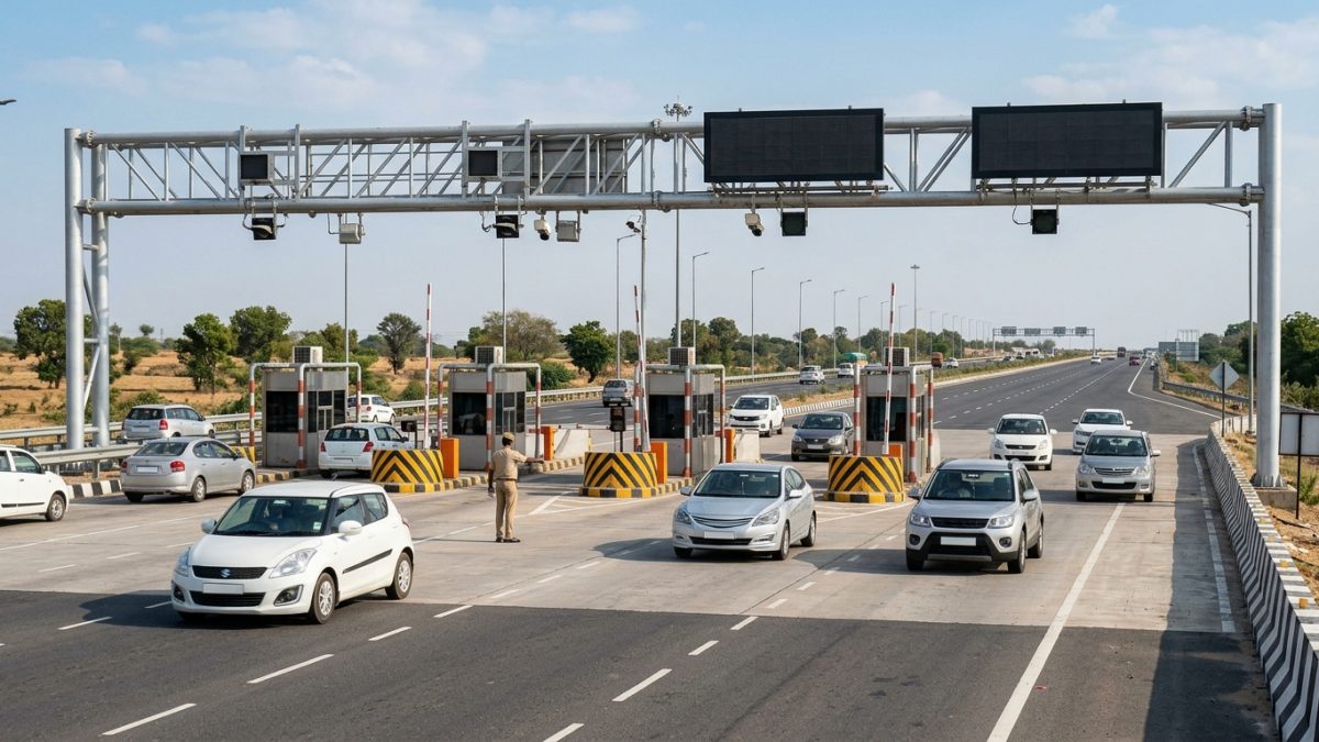 Electronic toll collection gate on an Indian national highway showing smooth vehicle passage