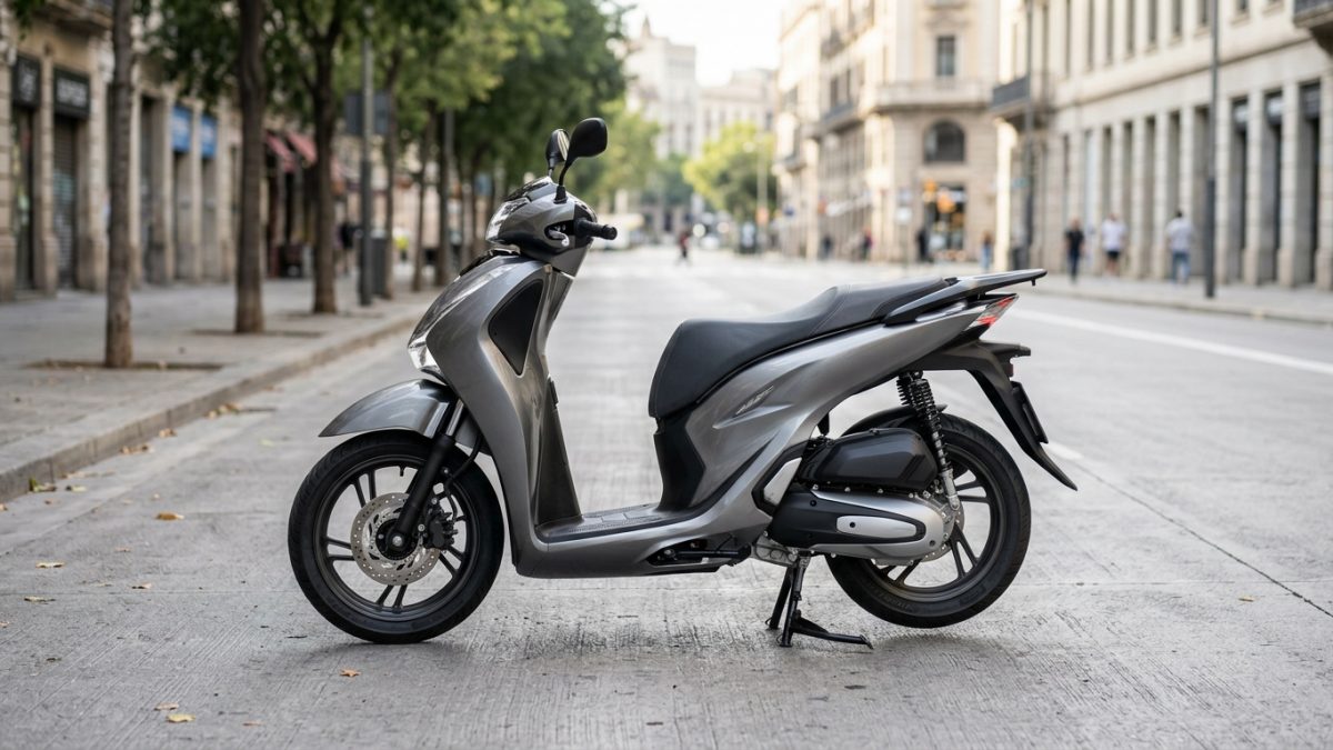 Contemporary modern commuter scooter parked on a clean city street