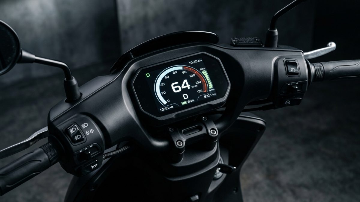 Scooter digital dashboard and front console displaying trip and fuel data
