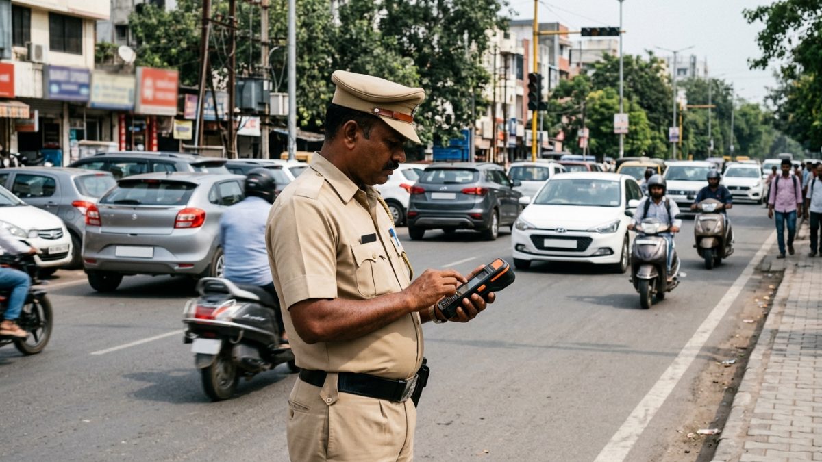 Indian traffic police officer issuing an electronic challan at an urban roadside checkpoint