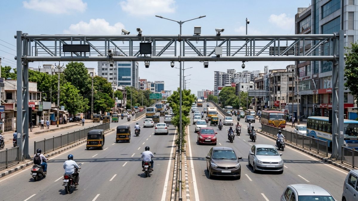 Modern city road intersection with overhead automatic traffic enforcement cameras