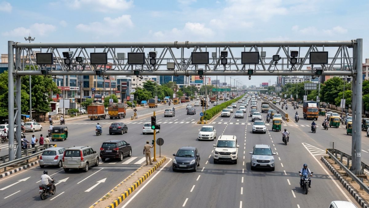 Smart traffic management camera mounted on an overhead gantry monitoring vehicles on an Indian highway