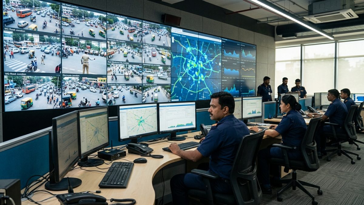 Modern traffic control command centre in India with operators tracking digital road surveillance feeds