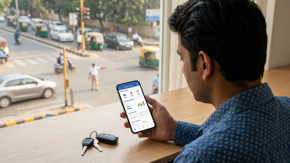 Person checking vehicle traffic challan status and paying fines online using a digital smartphone app