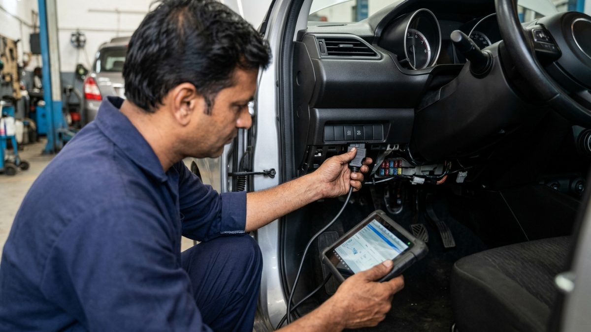Automotive technician connecting a professional OBD scanner to verify actual car mileage