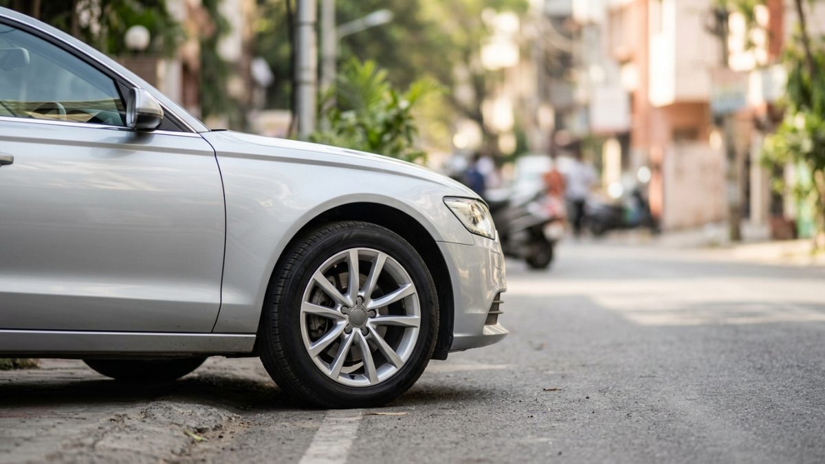 Parked car on an Indian urban road subject to vehicle blacklisting rules