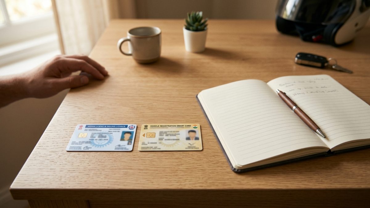 Indian vehicle registration smart card and driving licence on a desk ready for online challan payment