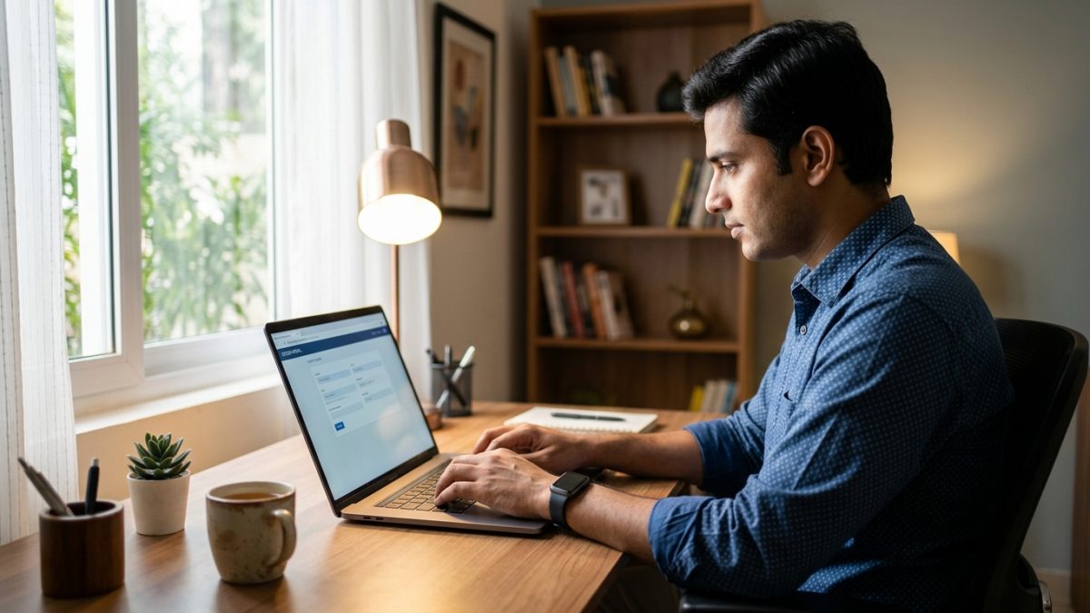 User entering registration credentials on a computer to pay traffic fine online