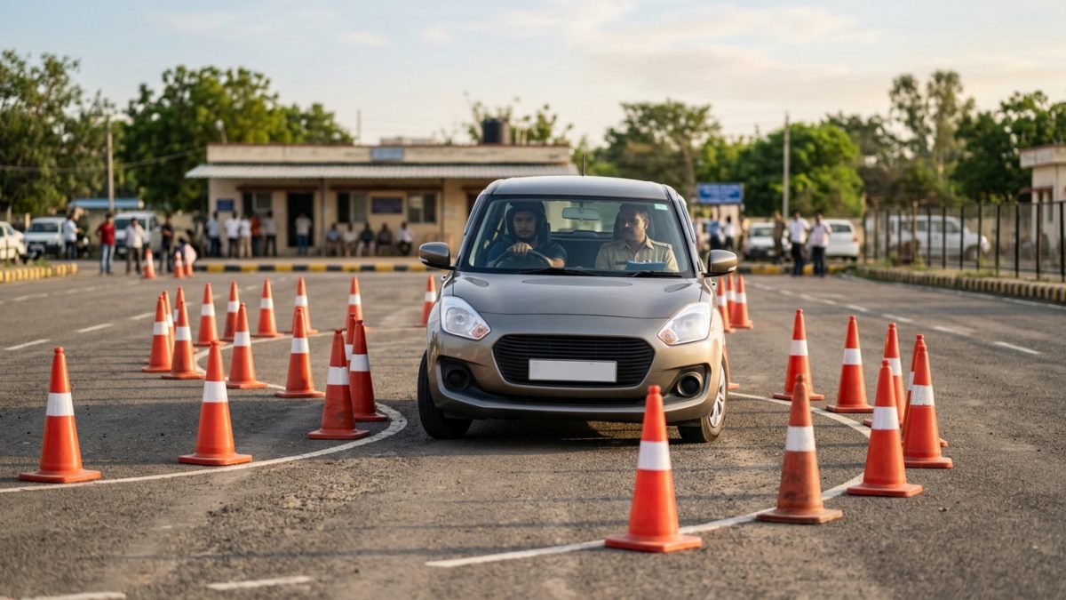 Indian applicant arranging vehicle documents and learner licence application papers on a desk