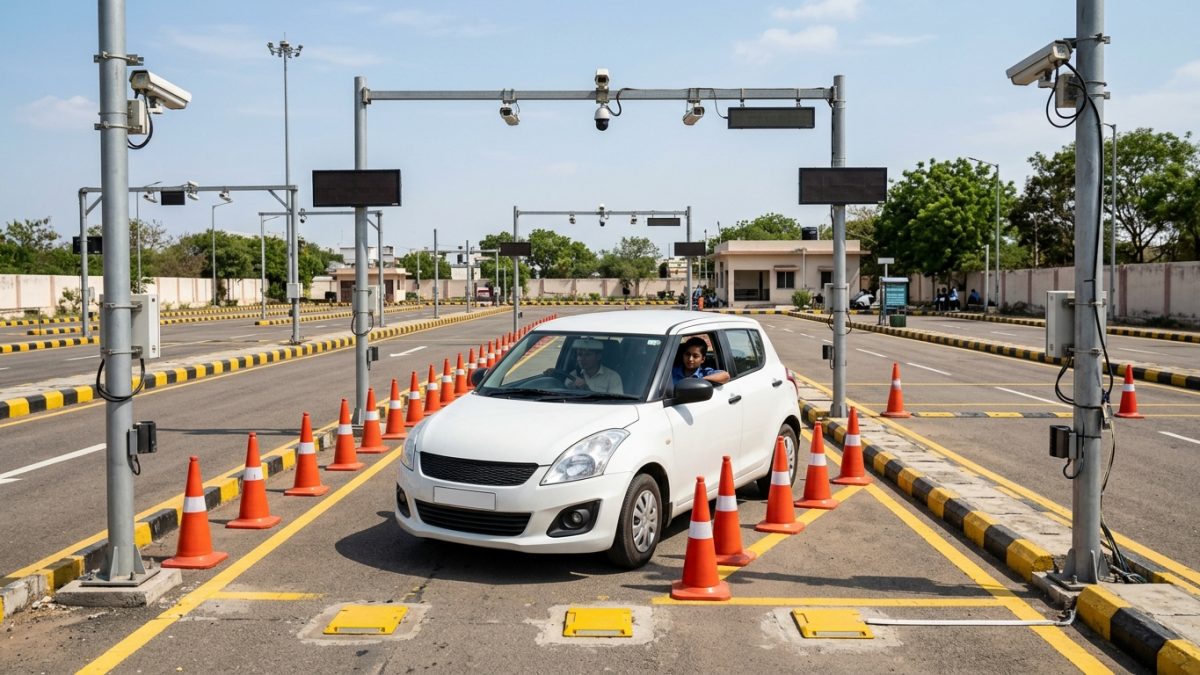 Automated driving test track with sensor poles and curved tracks at an Indian RTO ground