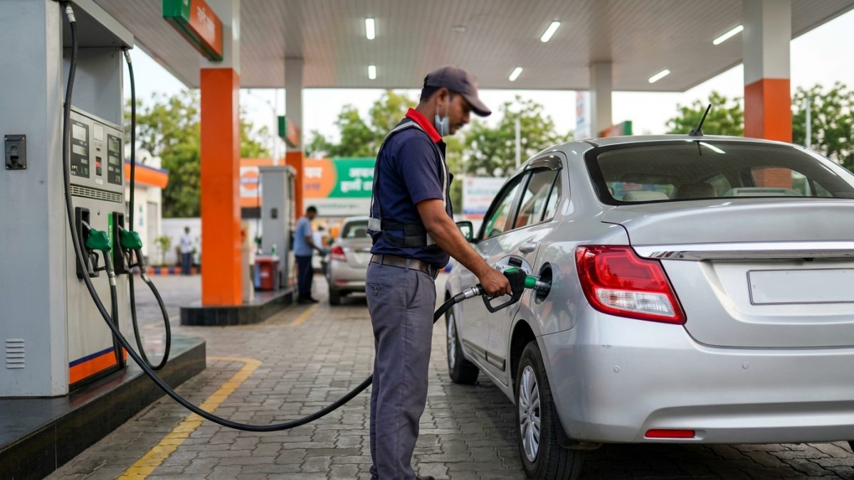 Fuel station attendant holding a fuel dispenser nozzle preparing to refuel an Indian car