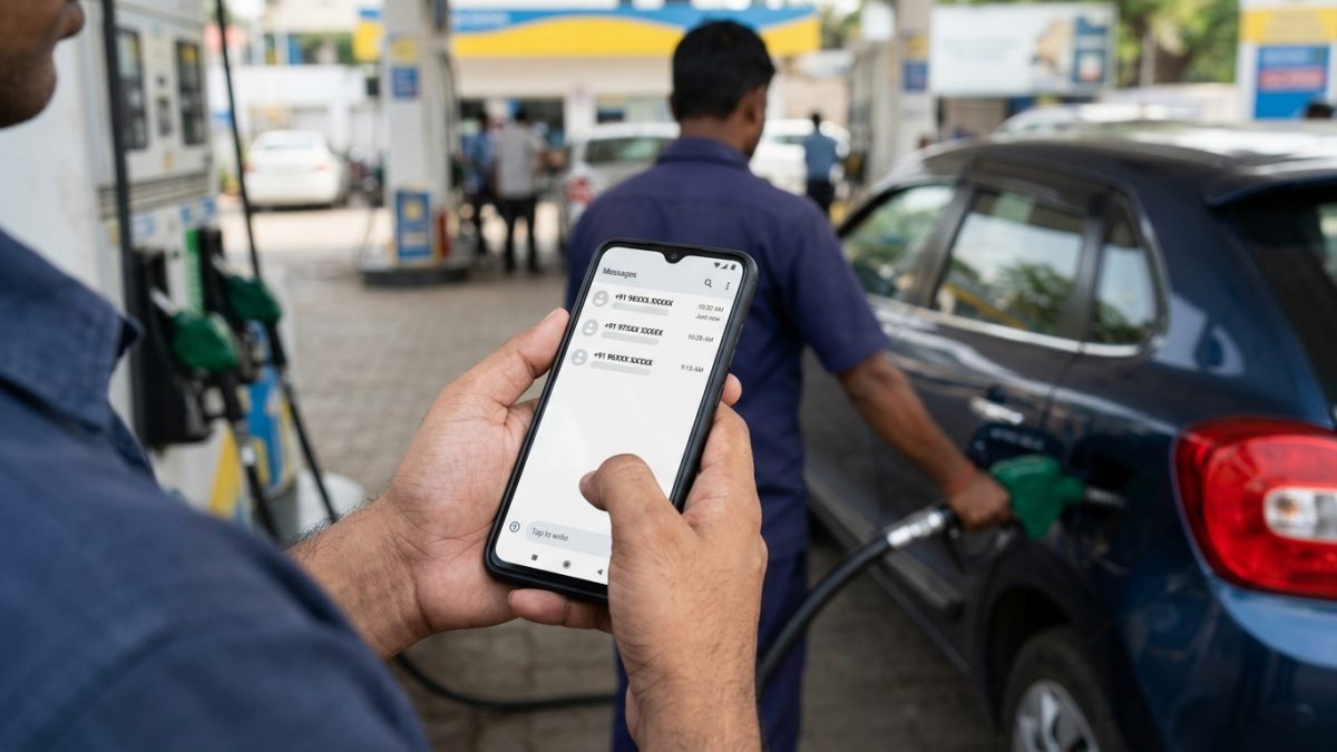 Person holding a smartphone checking fuel price notification outside an Indian petrol station